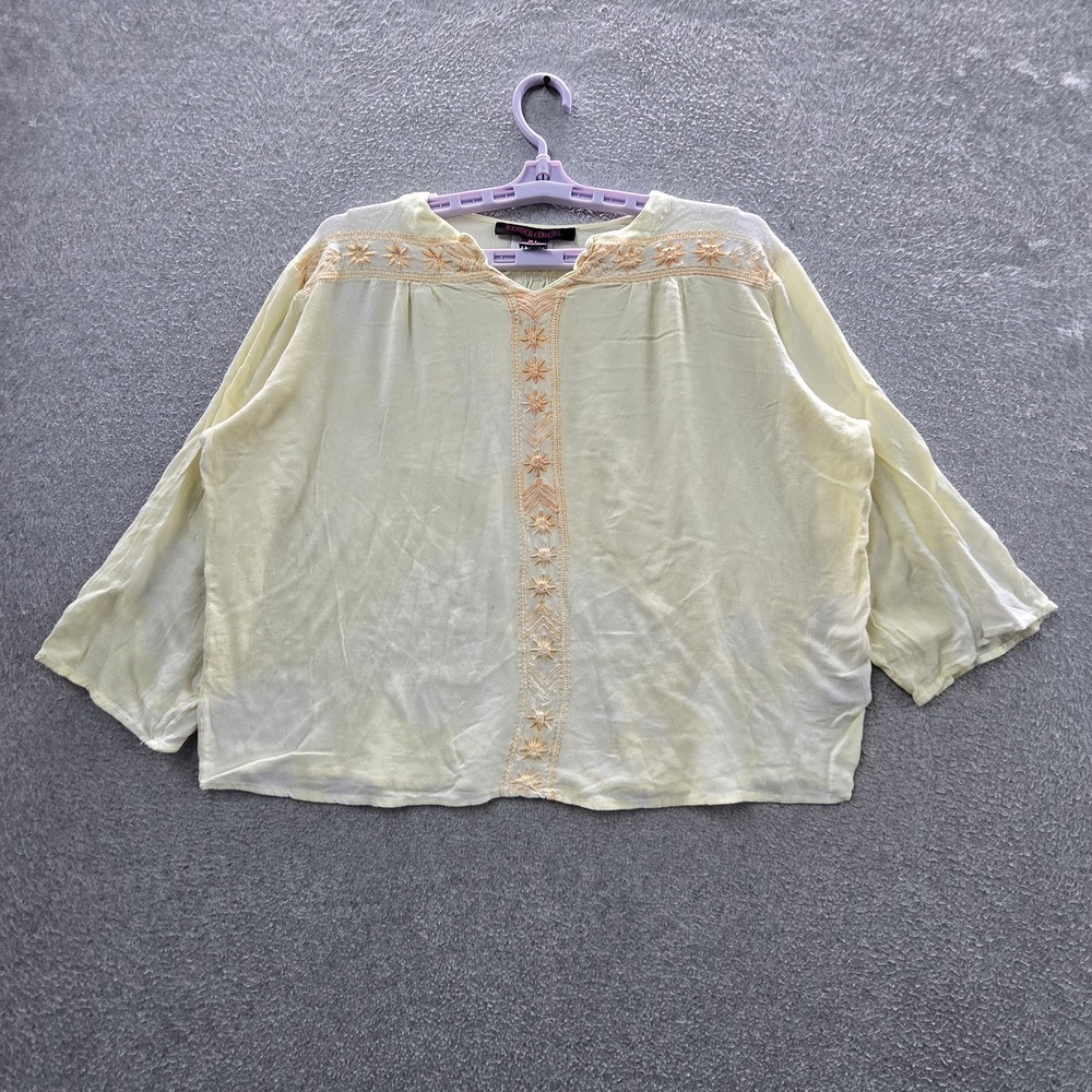 Rock & Roll Cowgirl Women Blouse XL Yellow Embroidered Western Scoop Neck